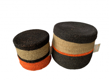  LTD2317 Handmade Seagrass Storage Basket – Round Woven Organizer with Natural, Black & Orange Stripes
